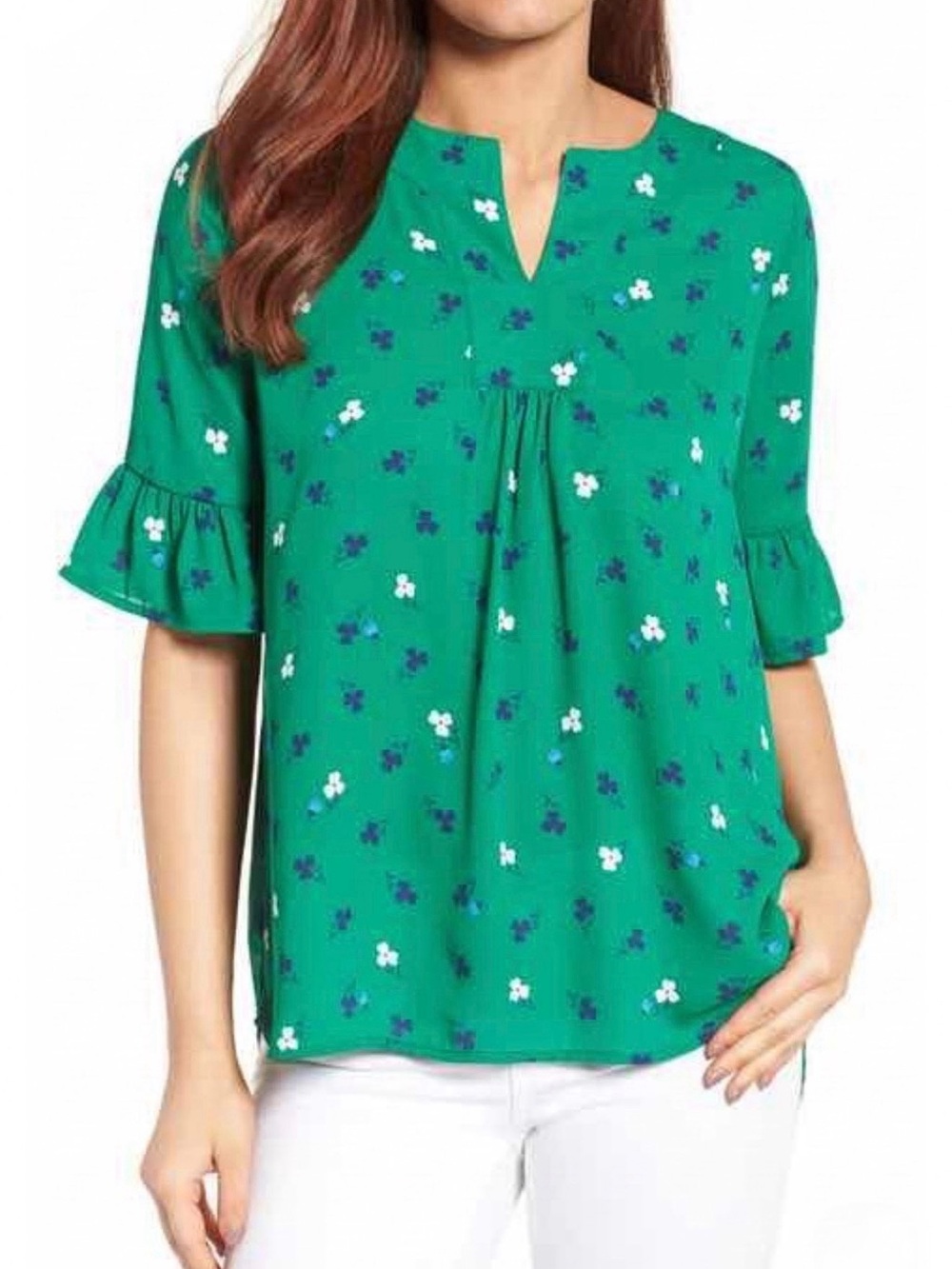 Green Floral Keyhole Ruffle-Sleeve Blouse